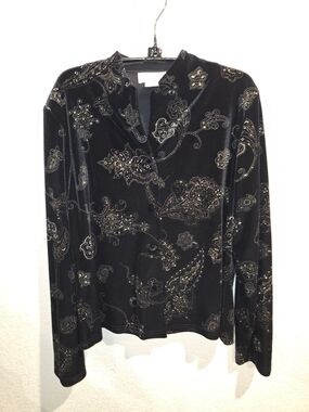 Studio C Women's Size 16 Black Stretch Velvet Gold Glitter Paisley Button Top Ja